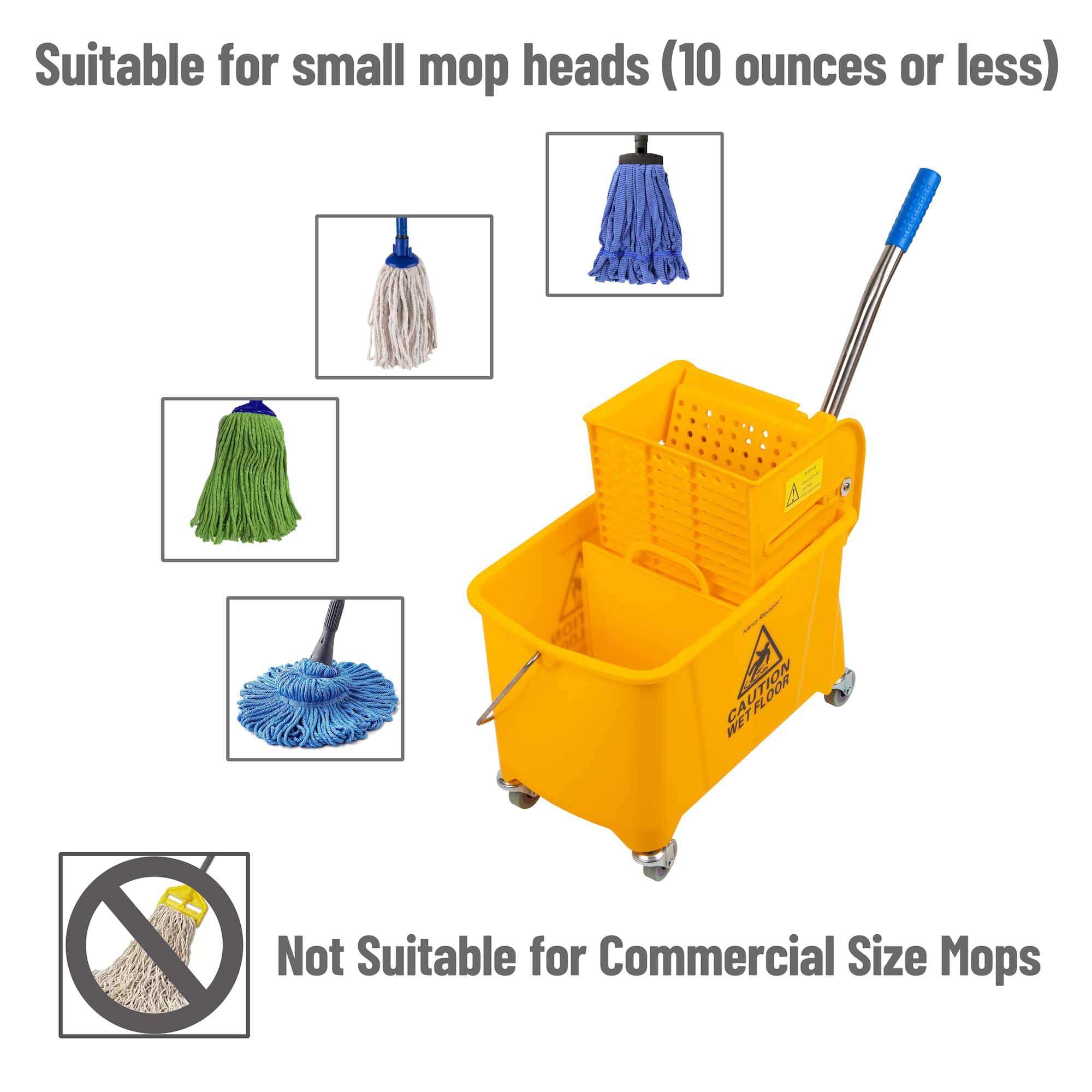 Mind Reader Mop Bucket with Wringer, 5.5 Gallon Upward Press, Plastic Cleaning Bucket with Handle and Wheels, Yellow